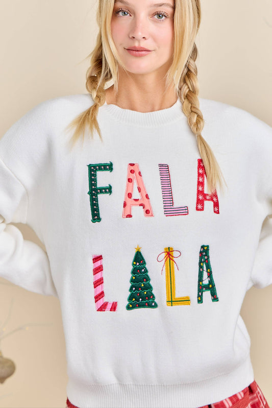 Festive Holiday Falala Embroidered Sweater Knit Top
