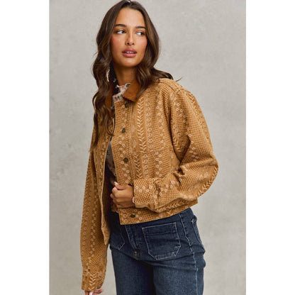 Floral Pattern Twill Corduroy Collar Denim Jacket