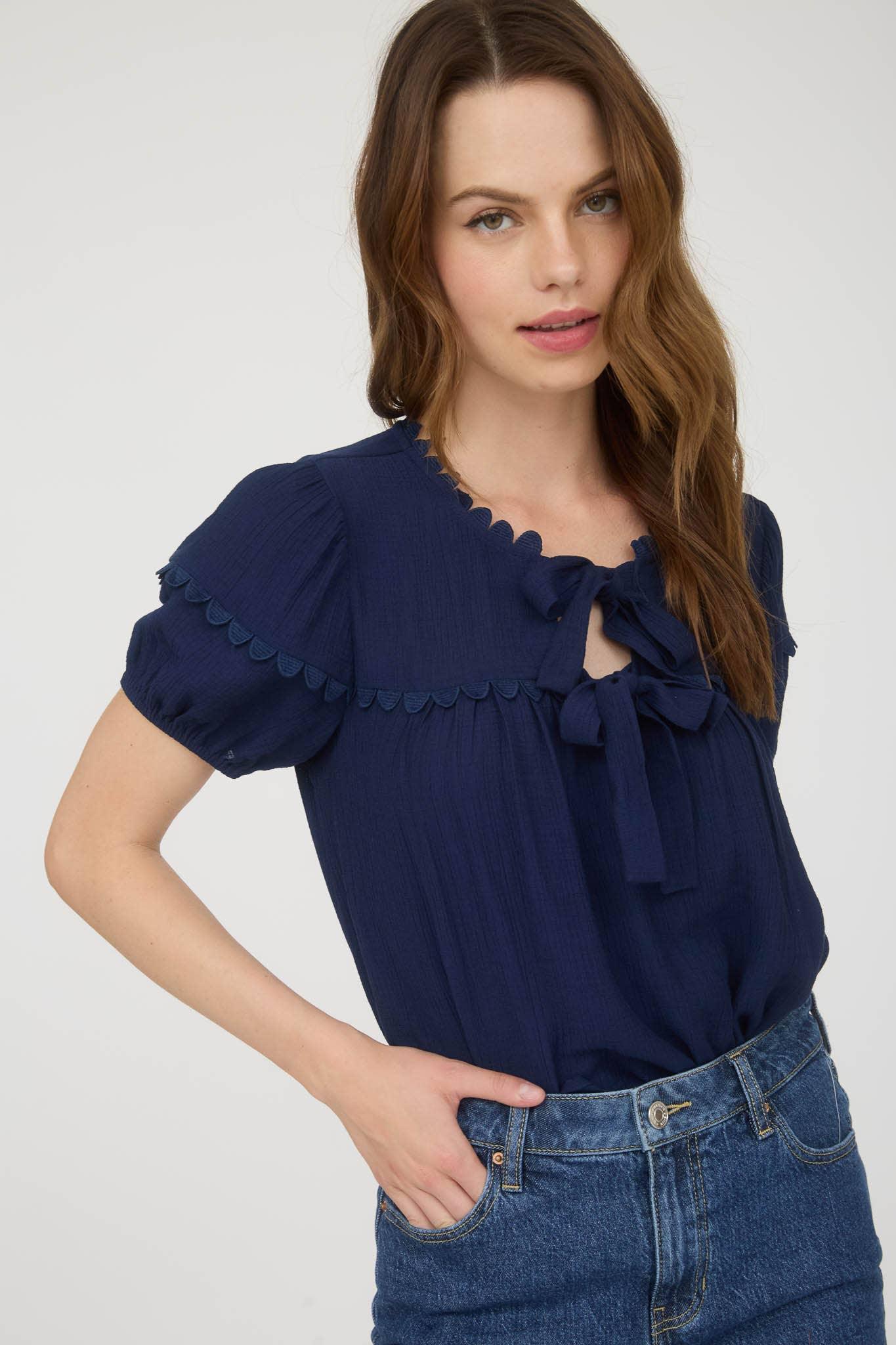 SCALLOP TRIM FRONT TIE DETAIL PUFF SLEEVE TOP - Southern Sassy Boutique
