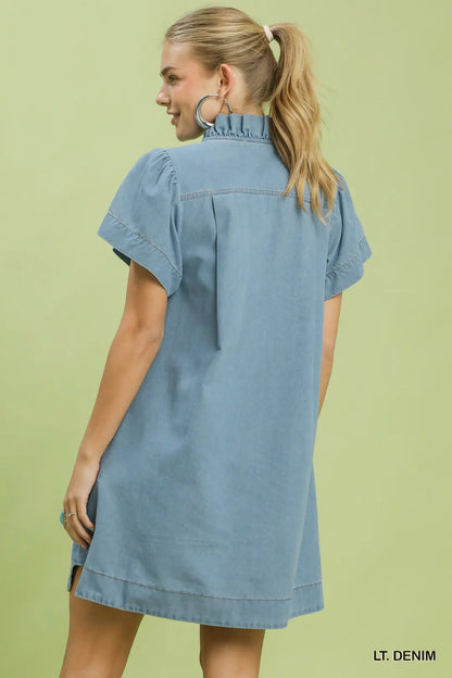 Denim Ruffle Collar Mini Dress