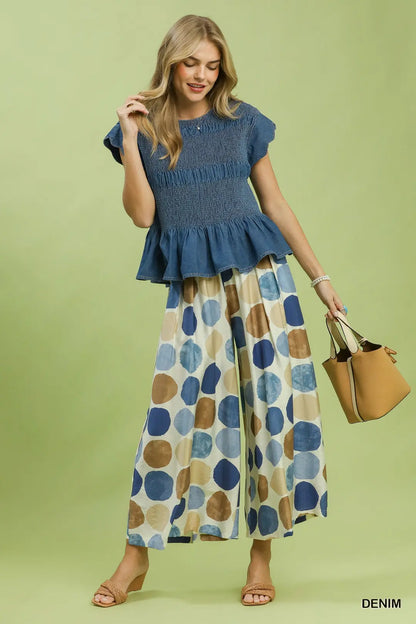 Chambray Smocked Peplum Denim Top