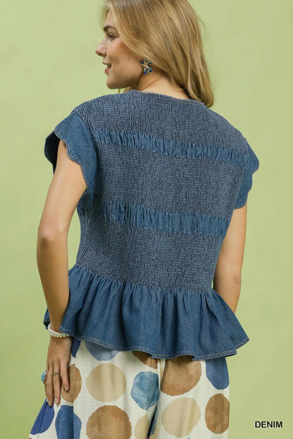 Chambray Smocked Peplum Denim Top