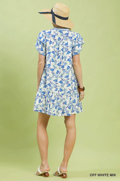 Blue Floral V-Neck Flutter Sleeve Tiered Dress