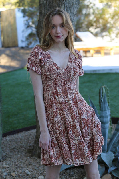 V NECK SMOCKED BODICE DRESS - Southern Sassy Boutique