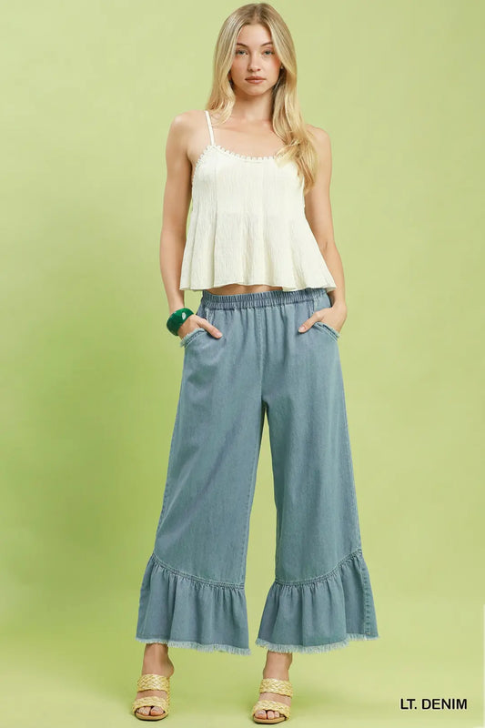Washed Denim Wide Leg Pants