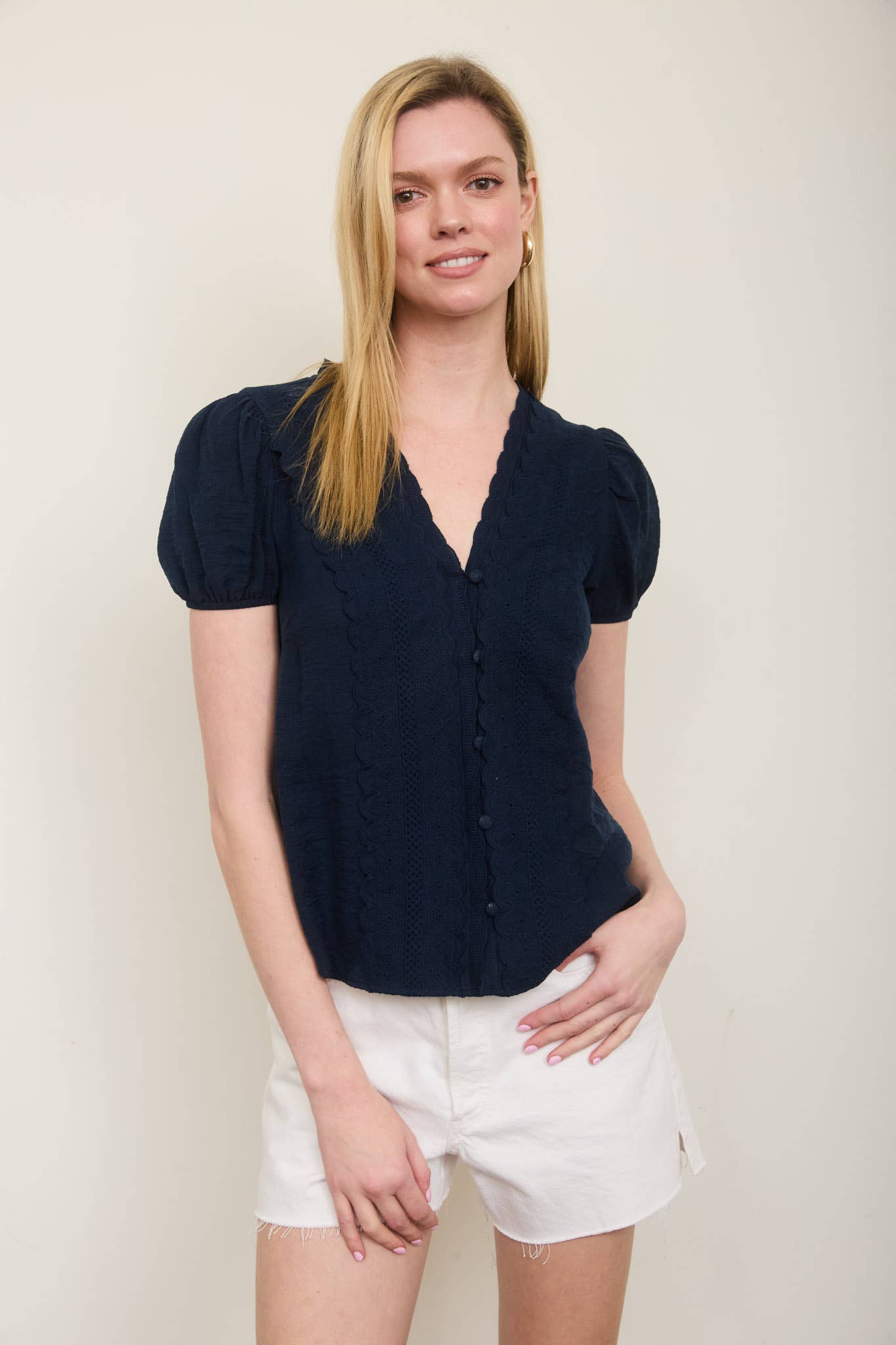PLUS SCALLOP TRIM V NECK EDGE LACE BUTTON DOWN TOP