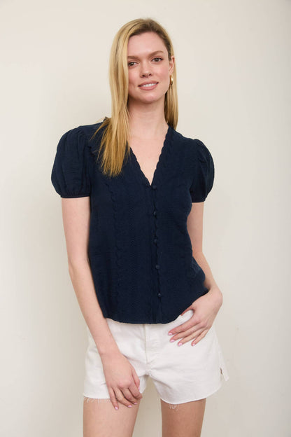 PLUS SCALLOP TRIM V NECK EDGE LACE BUTTON DOWN TOP