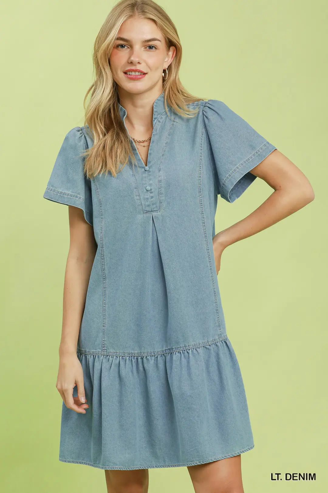 Ruffle Hem Mini Denim Dress