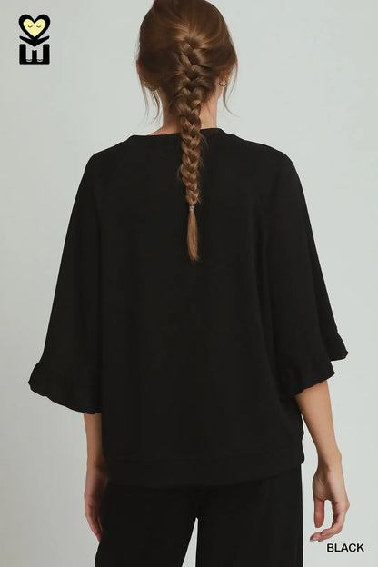 Luxe Knit Round Neck Ruffle Raglan Top