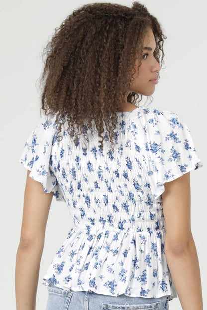 V Neck Smocked Bust Floral Print Top