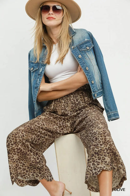 Leopard Print Scallop Wide Leg Pants
