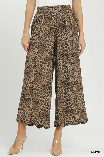 Leopard Print Scallop Wide Leg Pants