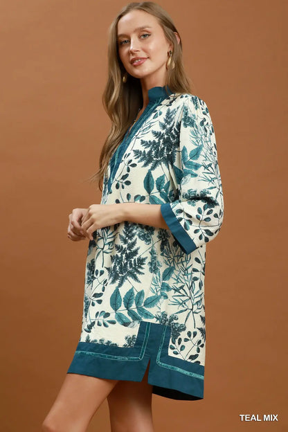Botanical Print Contrast Trim Dress