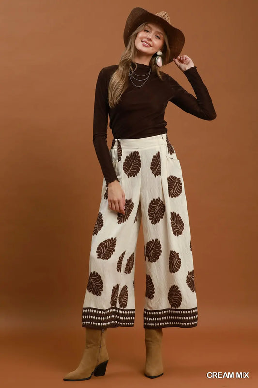 Leaf Print Cropped Wide Leg Pants