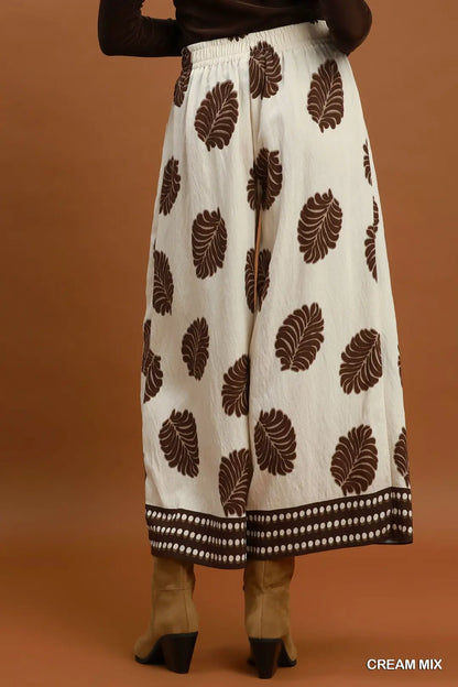 Leaf Print Cropped Wide Leg Pants