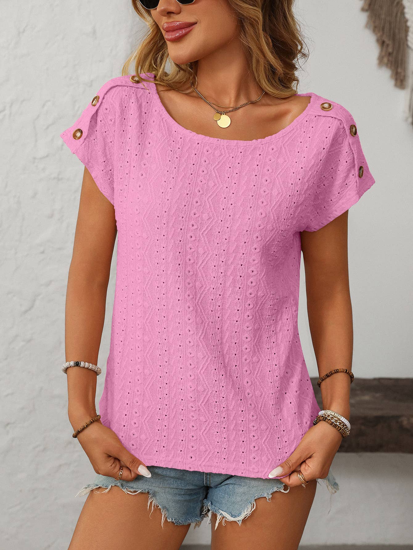 Eyelet Button Detail Short SleeveTop