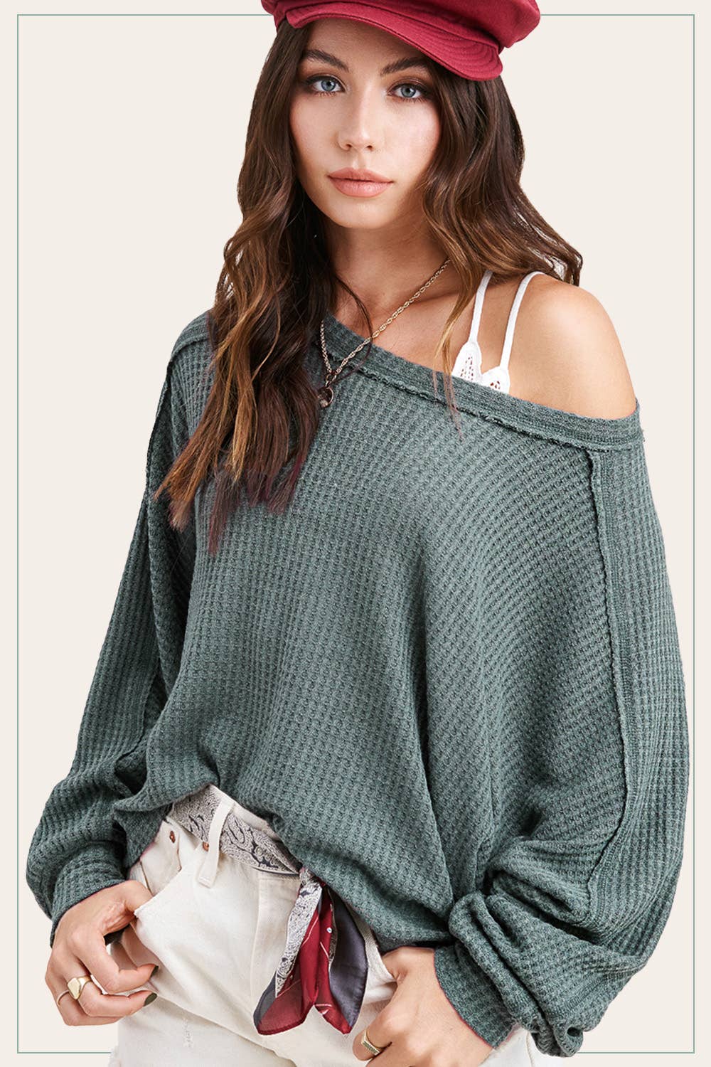 Brushed Waffle Fabric Loose Fit Long Sleeve Top