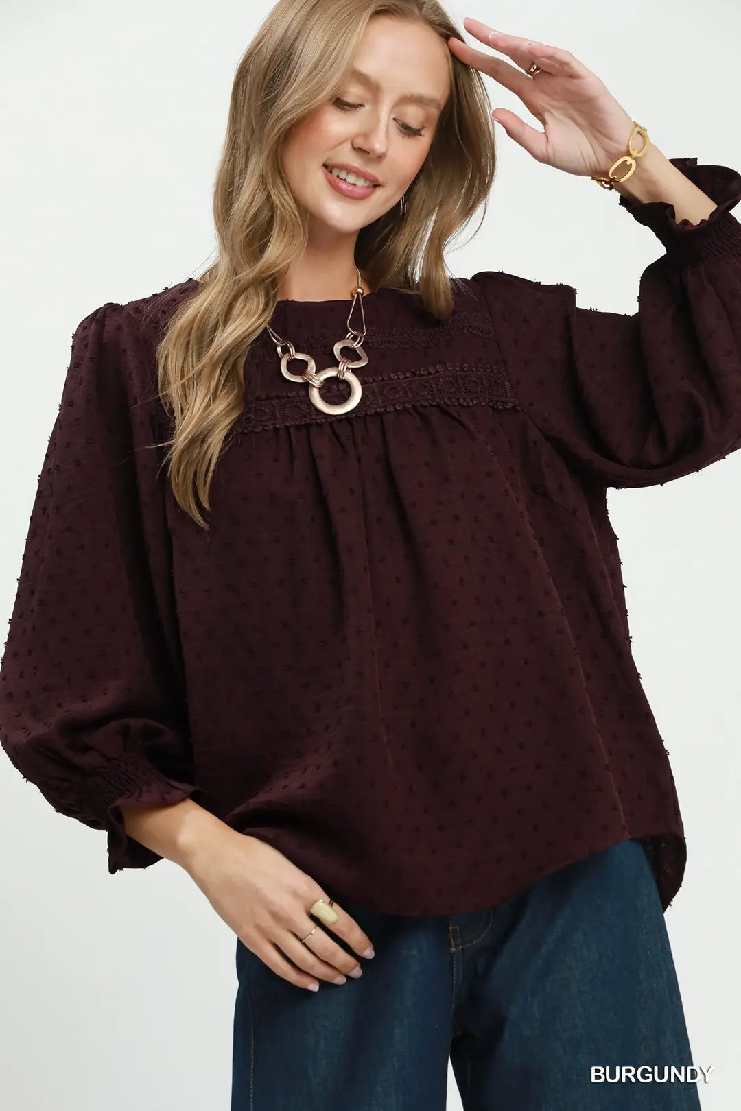 Swiss Dot Lace Yoke Peasant Blouse