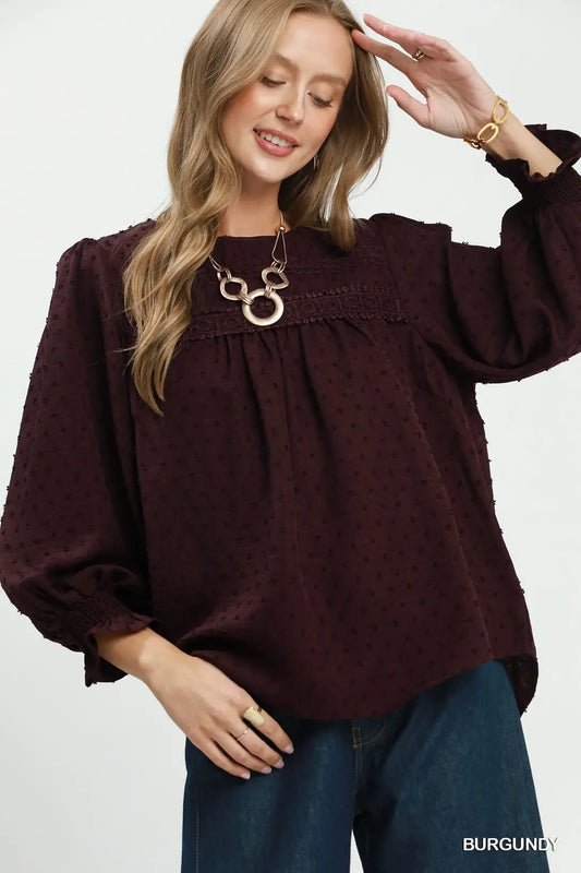 Swiss Dot Lace Yoke Peasant Blouse