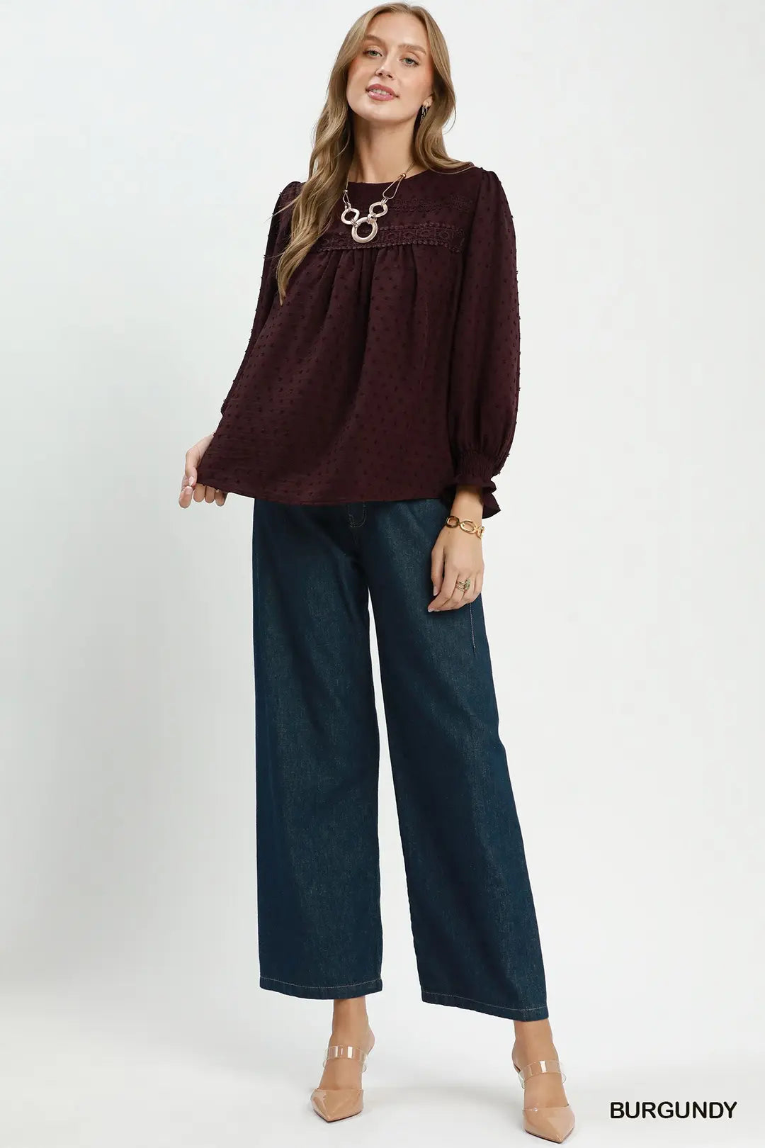 Swiss Dot Lace Yoke Peasant Blouse