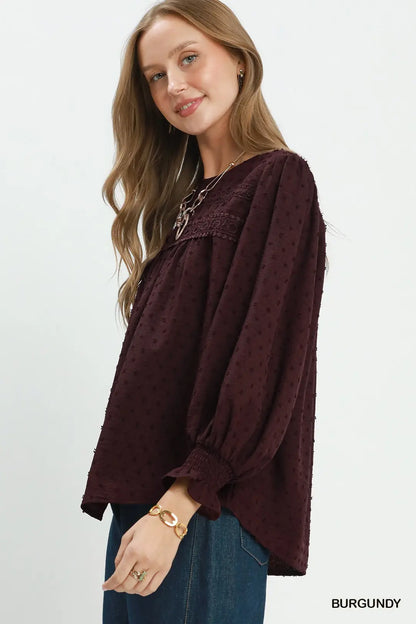 Swiss Dot Lace Yoke Peasant Blouse