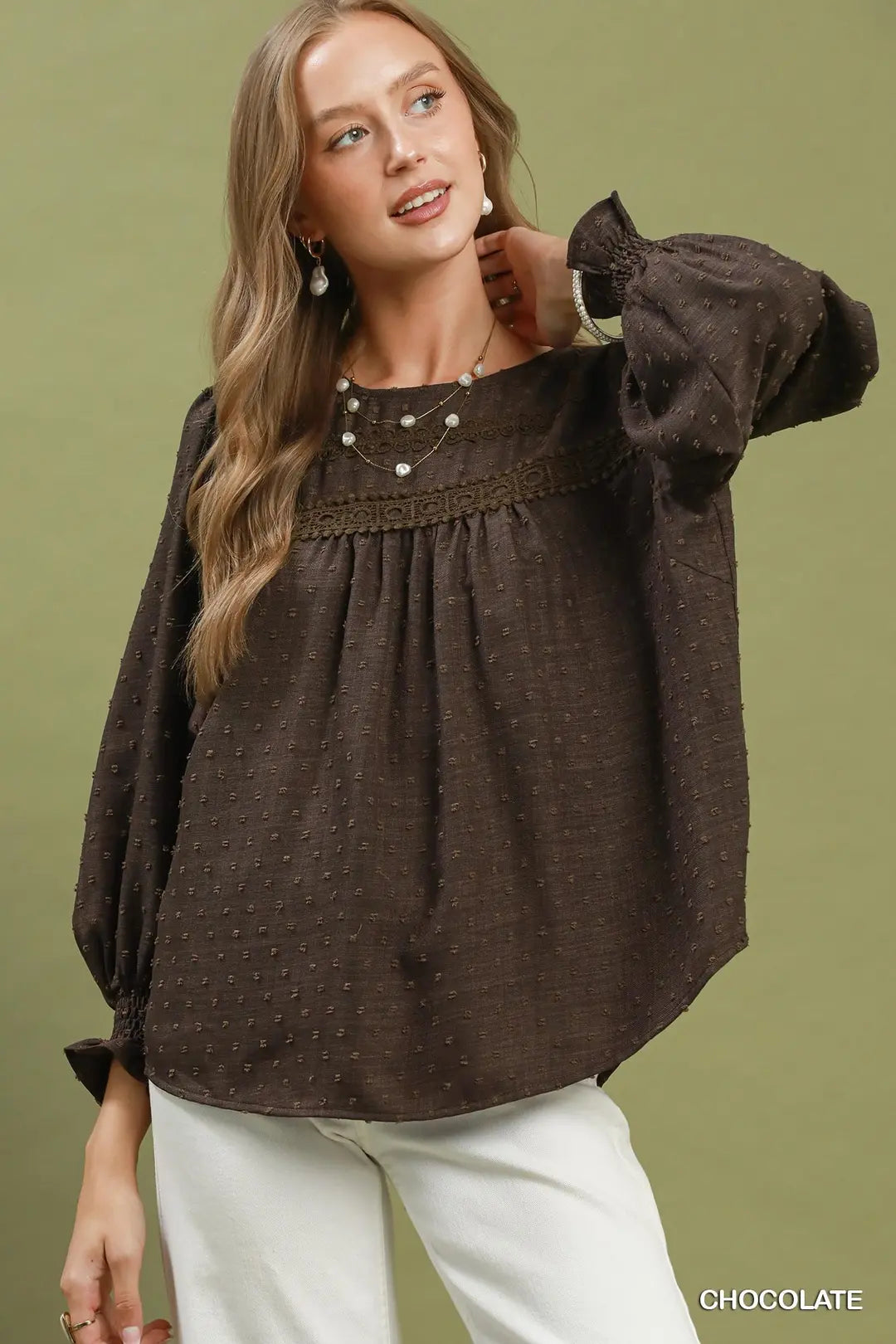 Swiss Dot Lace Yoke Peasant Blouse