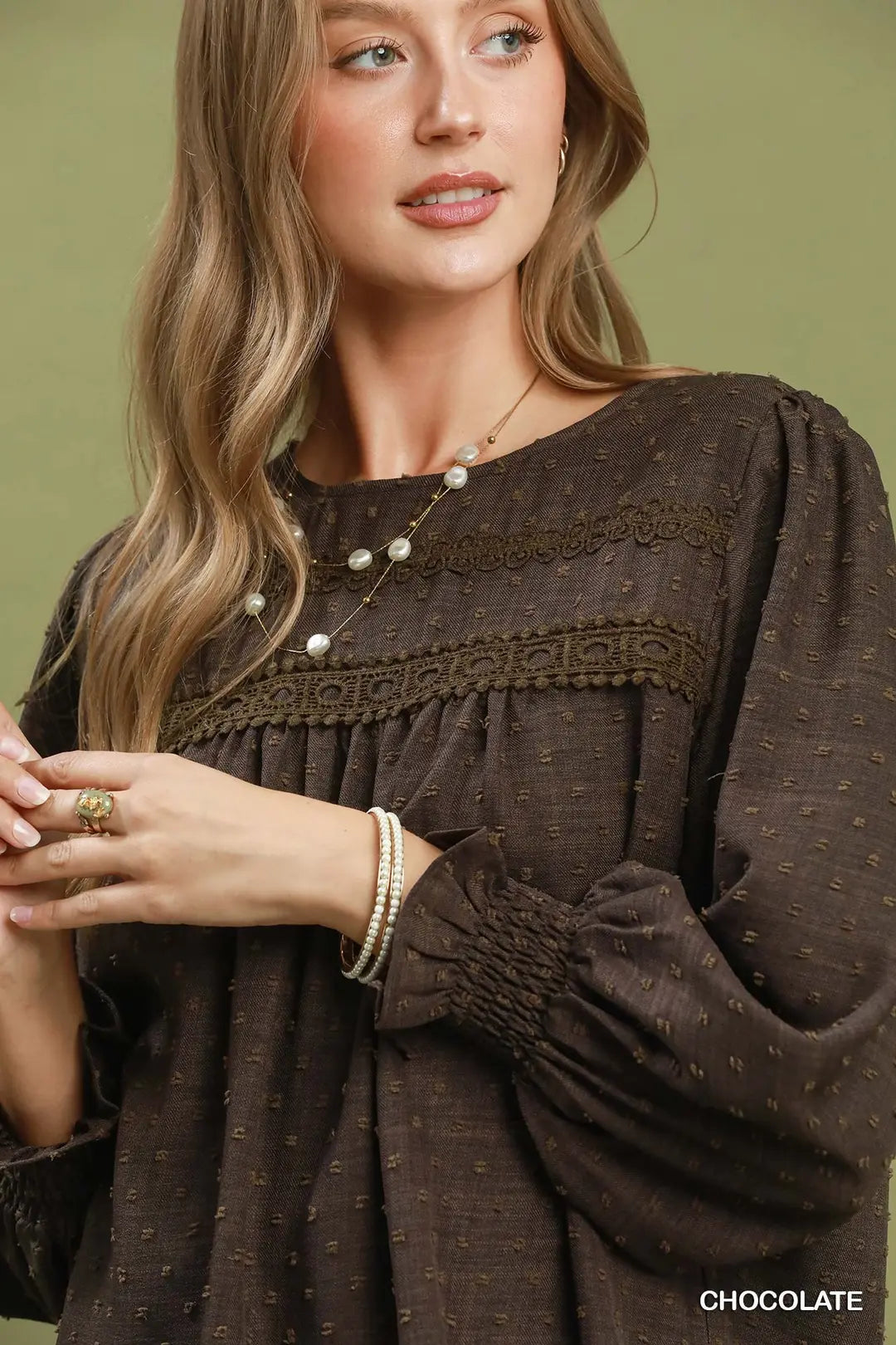 Swiss Dot Lace Yoke Peasant Blouse