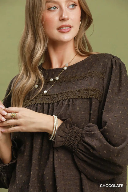 Swiss Dot Lace Yoke Peasant Blouse