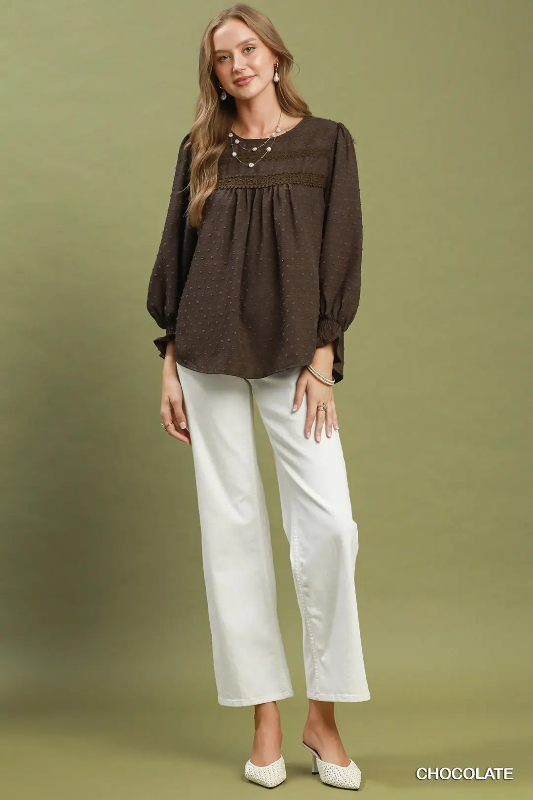 Swiss Dot Lace Yoke Peasant Blouse