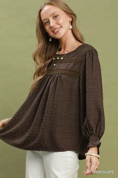 Swiss Dot Lace Yoke Peasant Blouse