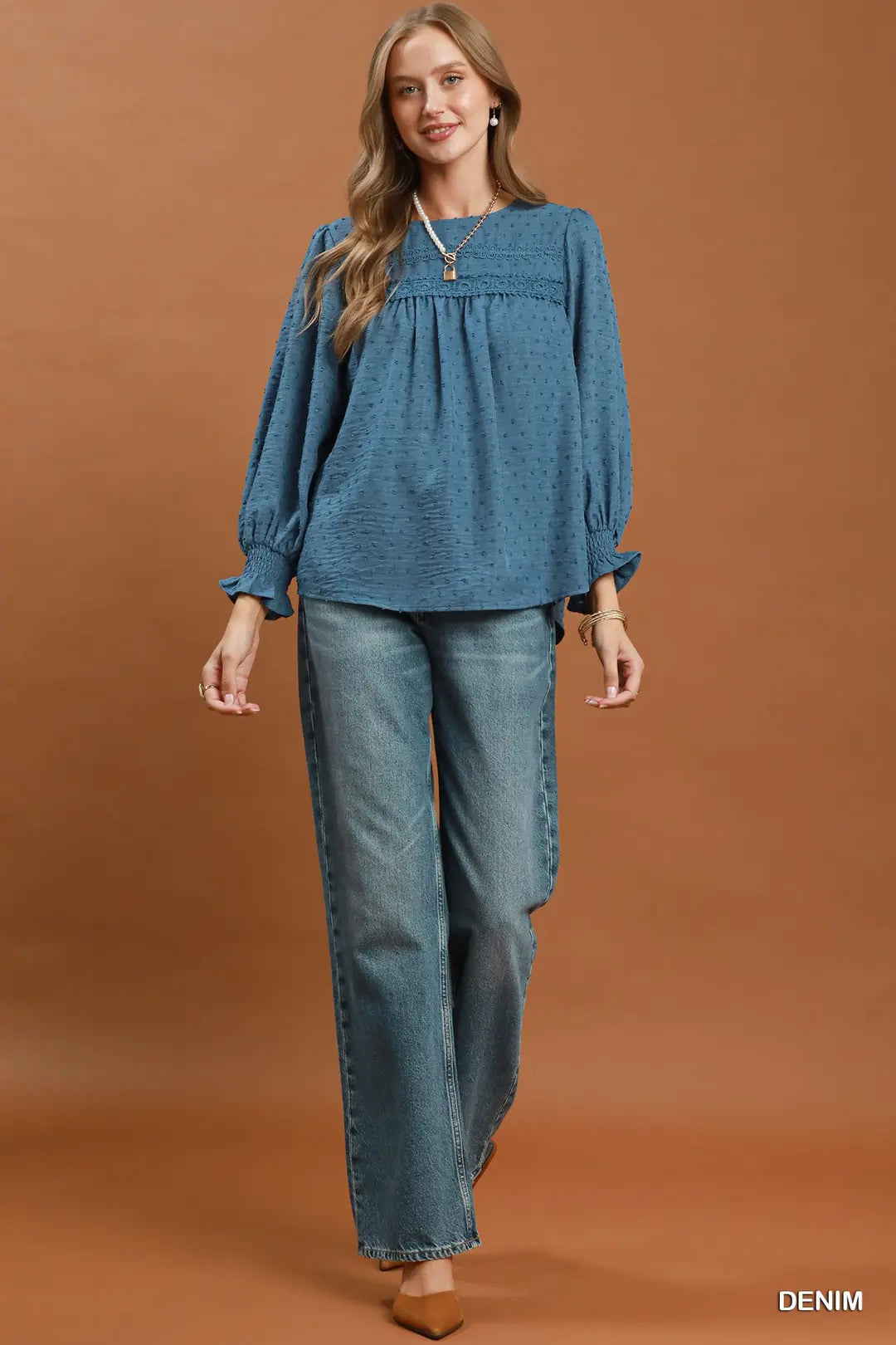 Swiss Dot Lace Yoke Peasant Blouse