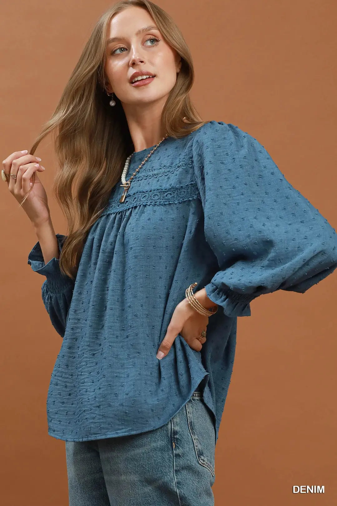 Swiss Dot Lace Yoke Peasant Blouse