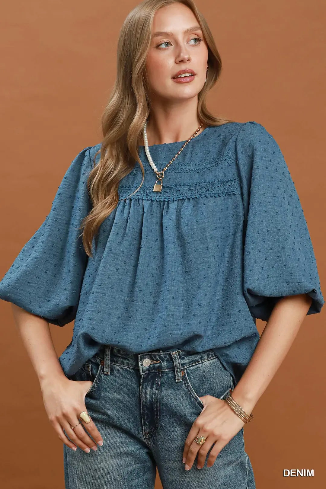 Swiss Dot Lace Yoke Peasant Blouse