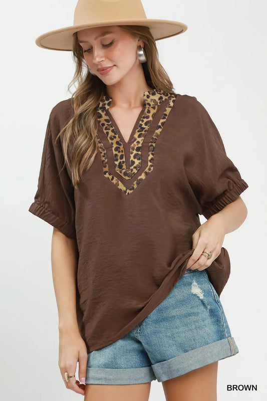 Leopard Trim Dolman Sleeve Blouse