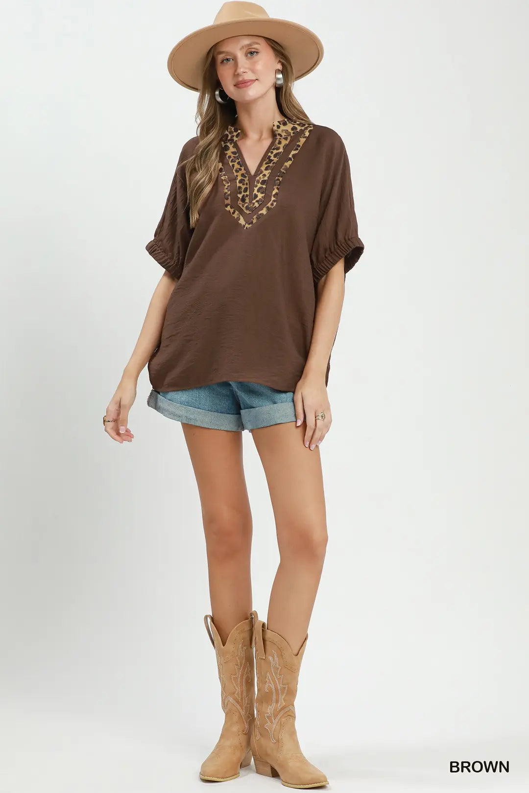 Leopard Trim Dolman Sleeve Blouse