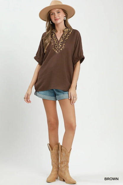 Leopard Trim Dolman Sleeve Blouse