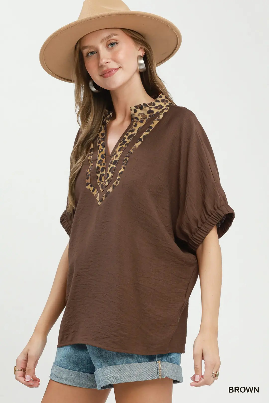 Leopard Trim Dolman Sleeve Blouse
