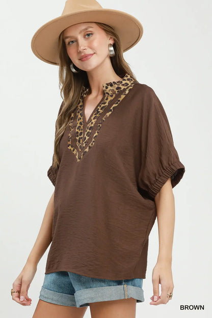 Leopard Trim Dolman Sleeve Blouse