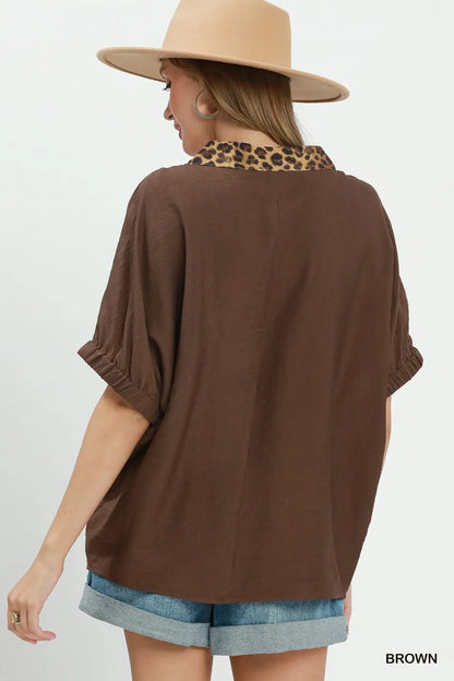 Leopard Trim Dolman Sleeve Blouse