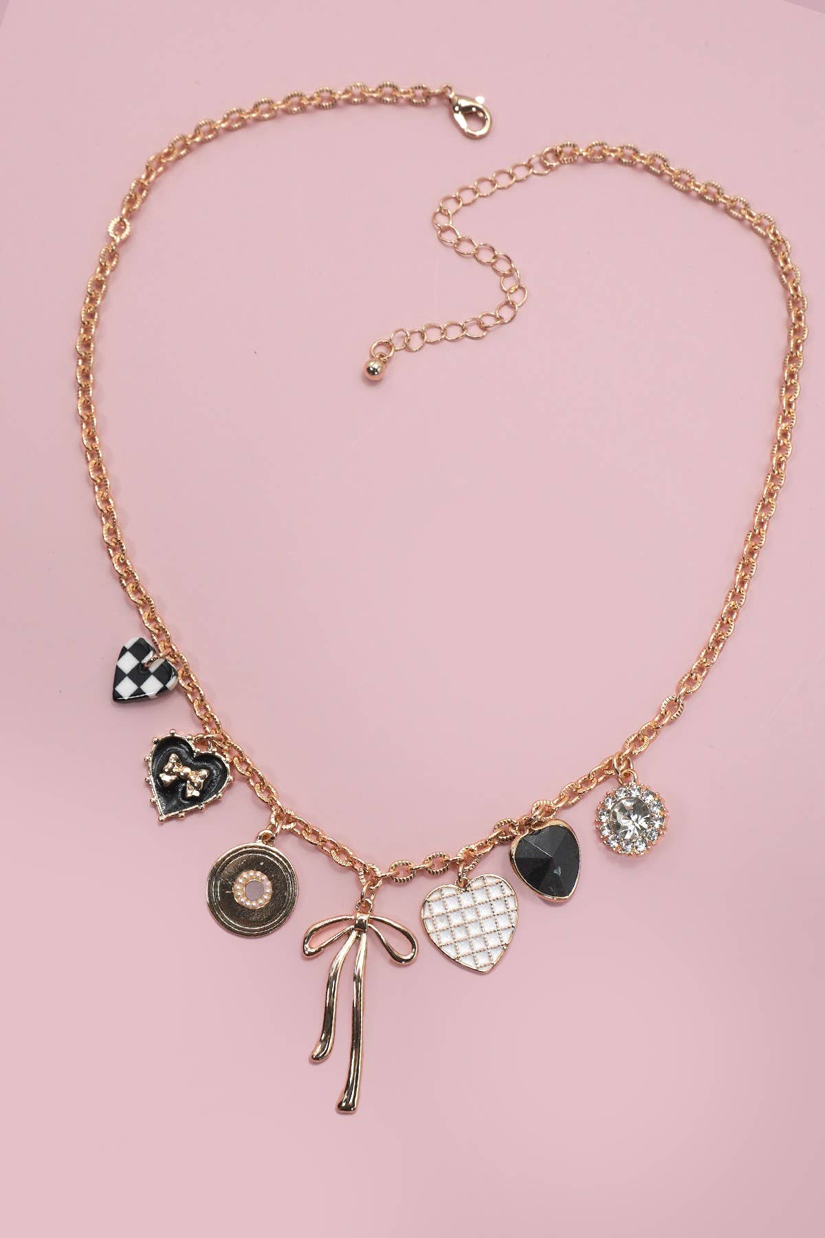 Charm Necklace-Bow Checker Heart Rhinestone