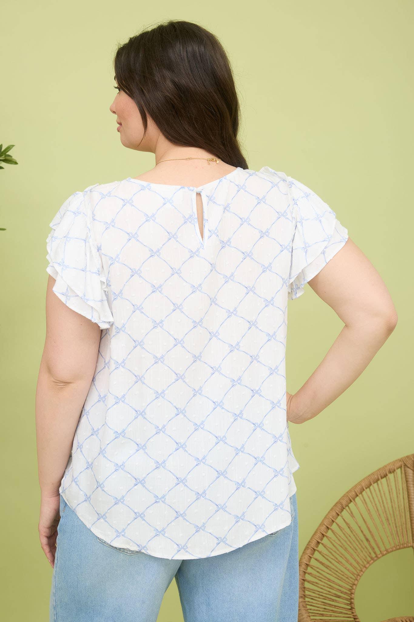 BOW CLIP DOT PATTERN RUFFLE SLEEVE BLOUSE - Southern Sassy Boutique