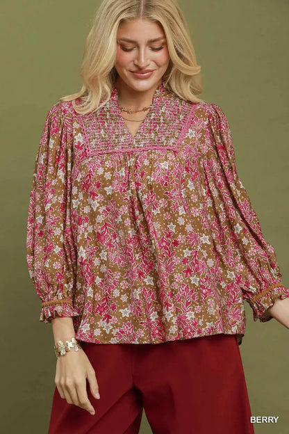 Floral Print V-Neck Long Sleeve Top
