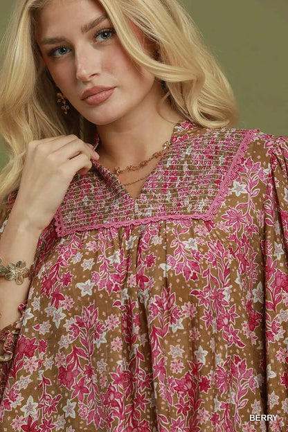 Floral Print V-Neck Long Sleeve Top