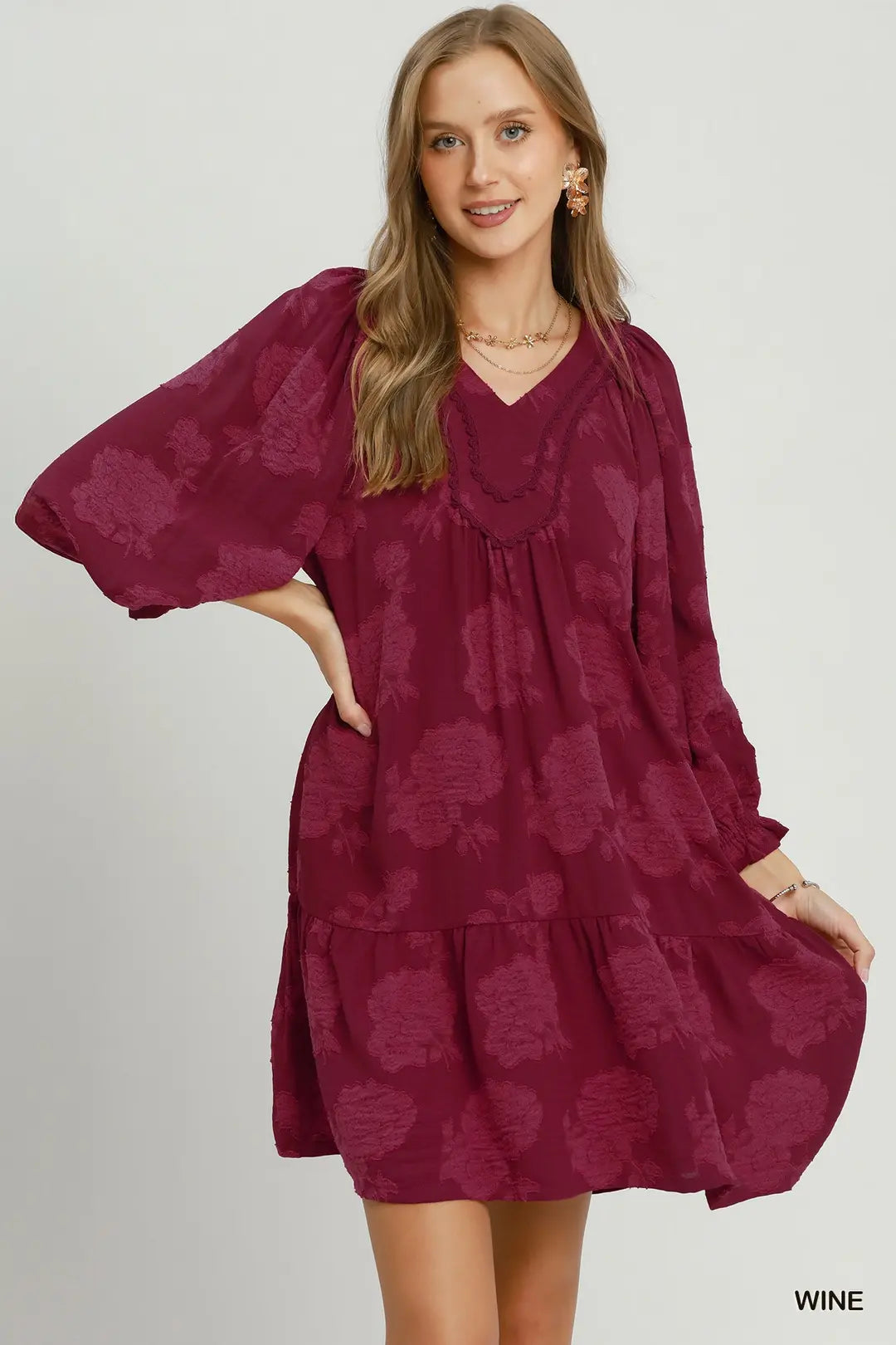 Floral Textured V-Neck Mini Dress