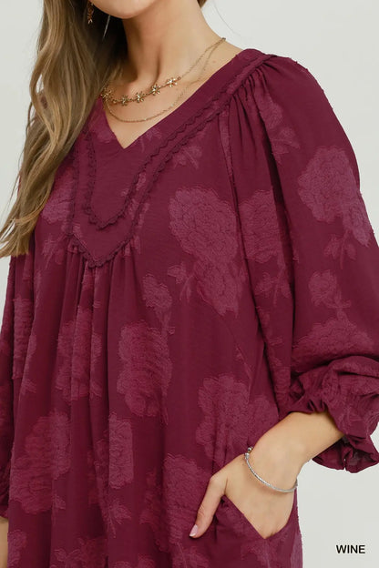 Floral Textured V-Neck Mini Dress