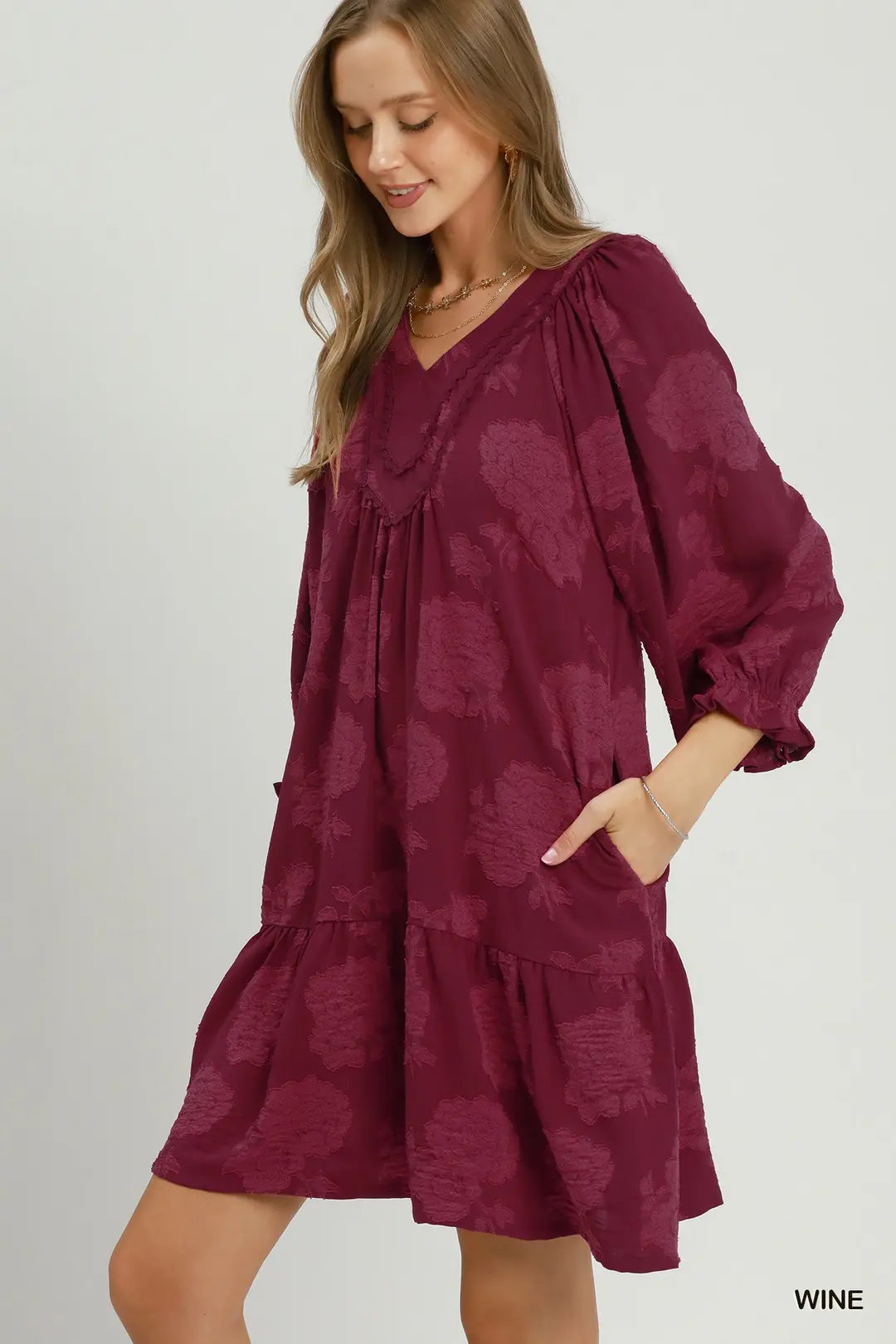 Floral Textured V-Neck Mini Dress