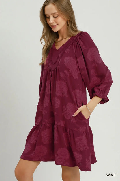 Floral Textured V-Neck Mini Dress