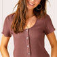Stretchy Brushed Waffle Knit Short Sleeve Button Top