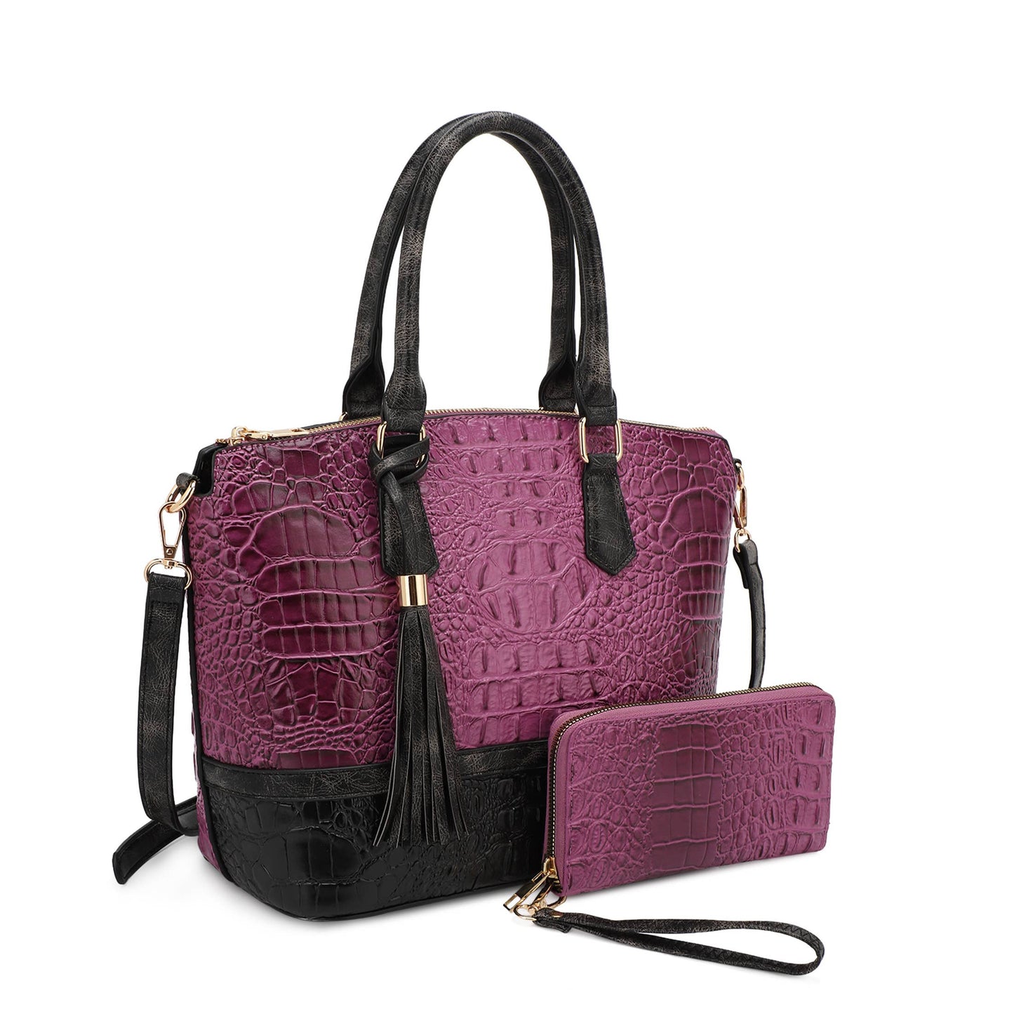 Veronica Croc Embossed Two-Tone Tote w/ Wallet