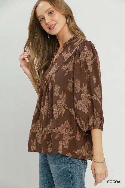Textured Scalloped V-Neck Blouse